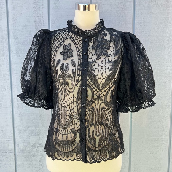 Story ON Tops - Story On Lace Sheer Balloon Sleeve Blouse Top Short Sleeve Black